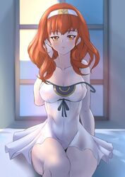  bare_legs bare_shoulders bed breasts celica_(fire_emblem) deekei dress female fire_emblem fire_emblem_echoes:_shadows_of_valentia gown hairband highres legs night night_sky nightgown parted_lips priestess princess red_eyes red_hair sky sleepwear solo thighs tiara tucking_hair window 