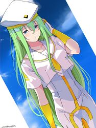  alice_carroll andanden aria_(manga) beret blouse blue_eyes blue_sky breasts cloud cloudy_sky collarbone commentary_request cowboy_shot day dress dutch_angle eyelashes female fingerless_gloves gloves green_hair hair_between_eyes hand_up hat highres long_hair necktie orange_planet_uniform shirt short_sleeves sidelocks signature sky small_breasts solo two-tone_gloves very_long_hair white_dress white_gloves white_hat yellow_gloves yellow_necktie 