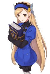  bad_id bad_pixiv_id black_gloves black_hairband black_shorts blonde_hair blue_dress blue_hairband blush book dress elbow_gloves female gloves hairband holding holding_book lavenza_(persona_5) light_blush long_hair looking_at_viewer multicolored_hairband parted_lips persona persona_5 short_dress shorts shorts_under_dress simple_background solo standing swept_bangs very_long_hair white_background yellow_eyes yuuri_(orz_commushows) 