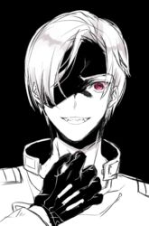  1boy adler_(akatsuki_blitzkampf) akatsuki_blitzkampf black_background commentary_request evil_smile fangs gloves ishitsuki_merokoa looking_at_viewer male_focus military military_uniform monochrome one_eye_covered red_eyes shaded_face simple_background smile solo uniform white_hair 