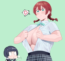  3girls anger_vein asaka_karin black_hair blood blunt_bangs blush braid breasts closed_mouth collared_shirt commentary dress_shirt emma_verde english_commentary green_background green_eyes green_ribbons highres huge_breasts inconvenient_breasts love_live! love_live!_nijigasaki_high_school_idol_club medium_hair multiple_girls neck_ribbon nijigasaki_school_uniform no_bra nose_blush nosebleed okpriko open_clothes open_shirt pout red_hair ribbon school_uniform shirt shirt_tucked_in short_sleeves simple_background solo_focus spoken_anger_vein sweat takasaki_yu tareme twin_braids twintails yuri 