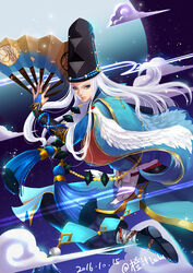  1boy abe_no_seimei_(onmyoji) arm_up beads black_footwear black_hat blue_eyes bridal_gauntlets chen_lu closed_mouth cloud commentary_request dated elbow_gloves feathers floating_hair full_body full_moon gloves hand_fan hat holding holding_fan japanese_clothes kariginu long_hair long_sleeves looking_at_viewer male_focus midair moon night night_sky onmyoji photoshop_(medium) sky solo straight_hair tassel tate_eboshi white_feathers white_hair 