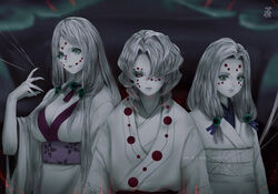  1boy 2girls aoi_ogata artist_name blurry blurry_background breasts cleavage closed_mouth colored_skin commentary depth_of_field english_commentary facial_mark fingernails forehead_mark grey_eyes grey_hair hair_ornament hair_over_one_eye highres japanese_clothes kimetsu_no_yaiba kimono large_breasts long_hair long_sleeves looking_at_viewer mother_spider_demon_(kimetsu_no_yaiba) multiple_girls obi older_sister_spider_demon_(kimetsu_no_yaiba) parted_bangs rui_(kimetsu_no_yaiba) sash sharp_fingernails short_sleeves spider_web_print upper_body white_kimono white_skin wide_sleeves 