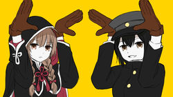  2girls akitsu_maru_(kancolle) akitsu_maru_kai_(kancolle) black_hair braid brown_eyes brown_gloves brown_hair capelet commentary gloves hat hood hood_up hooded_capelet kantai_collection long_hair long_sleeves matryoshka_(vocaloid) multiple_girls open_mouth pale_skin parody pose shinshuu_maru_(kancolle) short_hair simple_background sorata_(sorairo_honpo) twin_braids upper_body yellow_background 