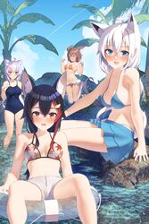  &gt;_&lt; 4girls ahoge animal_ear_fluff animal_ears bikini bikini_skirt bikini_under_clothes black_hair blue_bikini blue_one-piece_swimsuit blush braid breasts brown_hair cat_ears cat_girl cat_tail cloud cloudy_sky commentary_request day dog_ears dog_girl earrings fox_ears fox_girl fox_tail green_eyes hair_between_eyes hair_ornament hairclip highres hololive hololive_gamers innertube inugami_korone jewelry jumping large_breasts leaf_print legs long_hair looking_at_viewer maple_leaf_print medium_breasts multiple_girls navel nekomata_okayu no_shirt one-piece_swimsuit ookami_mio ookami_mio_(hololive_summer_2019) open_mouth orange_bikini outdoors palm_tree purple_hair rock shirai_yu shirakami_fubuki shirakami_fubuki_(hololive_summer_2019) shorts sidelocks single_braid sitting sky smile stomach swim_ring swimsuit tail tree virtual_youtuber wading white_bikini white_hair white_shorts wolf_ears wolf_girl yellow_eyes 