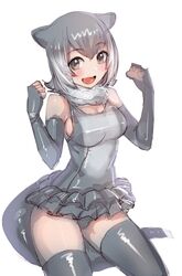  :d animal_ears arms_up blush bow_(bhp) breasts brown_eyes clenched_hands commentary elbow_gloves female fingerless_gloves frilled_one-piece_swimsuit frills fur_collar gloves gradient_hair grey_tail kemono_friends large_breasts looking_at_viewer multicolored_hair one-piece_swimsuit open_mouth otter_ears otter_tail short_hair simple_background small-clawed_otter_(kemono_friends) smile solo swimsuit tail thighhighs white_background 