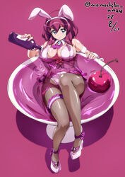  alcohol animal_ears artist_name blue_eyes breasts cherry cleavage cocktail_glass cup dated drinking_glass fake_animal_ears female food fruit henrietta_de_tristain high_heels in_container in_cup large_breasts legs looking_at_viewer nafta pantyhose playboy_bunny pouring pouring_onto_self purple_background rabbit_ears short_hair simple_background smile solo wine zero_no_tsukaima 