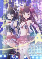  2girls :d ;p alternate_costume animal_ear_fluff animal_ears arm_strap azur_lane bare_shoulders black_gloves black_hair black_thighhighs blunt_bangs blush bow bowtie breasts cleavage collarbone commentary_request cowboy_shot crop_top detached_sleeves fox_ears frilled_skirt frills gloves groin hair_ornament hairbow hand_up hat headset highres hime_cut long_hair looking_at_viewer madotsukumo midriff mini_hat multiple_girls mutsu_(azur_lane) nagato_(azur_lane) navel one_eye_closed open_mouth plaid plaid_skirt red_footwear red_skirt ribbon-trimmed_legwear ribbon_trim short_hair sidelocks skindentation skirt small_breasts smile stage stage_lights standing standing_on_one_leg thighhighs tongue tongue_out v very_long_hair white_sleeves white_thighhighs x_hair_ornament yellow_eyes zettai_ryouiki zoom_layer 