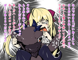  abstract_background ambiguous_gender anthro blonde_hair bow_ribbon clothed clothing debidebi_debiru demon duo ear_pull female fight fur grey_body grey_fur hair head_horn hooves horn human japanese_text mammal membrane_(anatomy) membranous_wings nijisanji oribiyo ribbons shirt takamiya_rion text topwear twintails vtuber wings yelling 