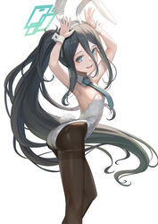  absurdres animal_ears aqua_necktie aris_(blue_archive) armpits arms_up bare_shoulders black_hair black_pantyhose blue_archive blue_eyes fake_animal_ears fake_tail female hair_between_eyes halo highres leotard long_hair long_hair_between_eyes looking_at_viewer necktie open_mouth pantyhose playboy_bunny rabbit_ears rabbit_tail side_ponytail simple_background smile solo standing strapless strapless_leotard sunga2usagi tail very_long_hair white_background white_leotard 