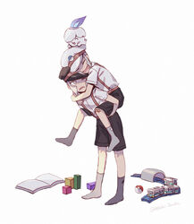  2boys aged_down bandaid bandaid_on_knee bandaid_on_leg black_headwear black_shorts book brothers carrying closed_eyes commentary_request emmet_(pokemon) frown grey_eyes grey_hair hat ingo_(pokemon) litwick male_focus multiple_boys nekohai_darake on_head peaked_cap piggyback poke_ball poke_ball_(basic) pokemon pokemon_(creature) pokemon_bw pokemon_on_head shirt short_hair short_sleeves shorts siblings smile suspenders toy_block twins white_background white_headwear white_shirt 