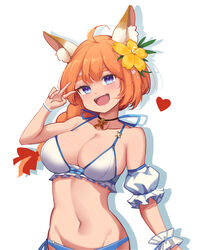  absurdres ahoge animal_ears bare_shoulders bikini blue_eyes breasts cosplay eight-tailed_fox_nari female flower fox_ears fox_girl guardian_tales hair_flower hair_ornament heart highres jewelry navel official_alternate_costume open_mouth orange_hair pendant ponytail scientist_on_the_beach_sohee scientist_on_the_beach_sohee_(cosplay) shadow sliverdog smile swimsuit v white_background 