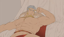  1boy abs armpits bad_id bad_twitter_id bara bare_pectorals belt biceps blonde_hair blue_eyes brown_belt cape convenient_censoring facial_hair fiery_beard fiery_eyebrows flat_color fur-trimmed_cape fur_trim goatee grey_hair heterochromia hinokumo_f large_pectorals long_sideburns lying male_focus mature_male multicolored_hair muscular muscular_male naked_cape navel nipples on_back pectorals perun_(housamo) red_cape revealing_clothes short_hair sideburns solo spread_legs stomach thick_eyebrows tokyo_afterschool_summoners two-tone_hair white_hair yellow_eyes 