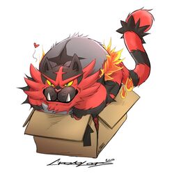  1:1 2023 anthro biped black_body black_fur box cardboard cardboard_box cats_are_liquid container crazydrak curled_up digital_media_(artwork) fangs fire fur generation_7_pokemon green_eyes grey_body grey_fur heart_symbol hi_res in_box in_container incineroar male markings multicolored_body multicolored_fur nintendo pokemon pokemon_(species) pupils red_body red_fur ring_(marking) ringed_tail simple_background sitting_in_box slit_pupils smile solo striped_markings striped_tail stripes tail tail_markings teeth white_background yellow_sclera 