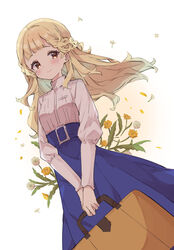  absurdres blonde_hair blue_skirt blush braid breasts brown_eyes closed_mouth commentary_request female floating_hair floral_background flower high-waist_skirt highres holding long_hair long_sleeves looking_at_viewer maquia_(sayoasa) mola_mola puffy_sleeves sayonara_no_asa_ni_yakusoku_no_hana_wo_kazarou shirt skirt small_breasts smile solo suitcase very_long_hair white_background white_flower white_shirt yellow_flower 