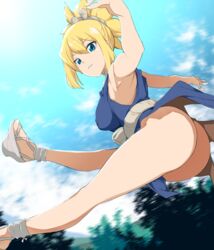  armpits ass bebebe_(pepegakii) blonde_hair blue_dress blue_eyes breasts choker closed_mouth cross-laced_sandals dr._stone dress female huge_ass kohaku_(dr._stone) large_breasts rope_belt solo white_choker 