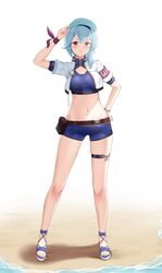  alternate_costume arm_up armband asymmetrical_hair bandaged_leg bandages bare_legs beach belt belt_pouch black_hairband blue_footwear blue_hair blue_headwear blue_shirt blue_shorts breasts brown_belt brown_eyes cleavage cleavage_cutout closed_mouth clothing_cutout commentary crop_top cropped_jacket drawstring english_commentary eula_(genshin_impact) female full_body genshin_impact gold_trim hairband hand_on_headwear hand_on_own_hip hat highres jacket joko_jmc legs medium_breasts midriff navel ocean open_clothes open_jacket pouch red_ribbon ribbon sand sandals shirt short_hair short_shorts short_sleeves shorts solo standing stomach thigh_strap turtleneck water white_background white_jacket wrist_ribbon 