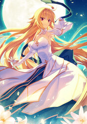  absurdres aikura_chihiro archetype_earth arcueid_brunestud bare_shoulders blonde_hair blue_skirt blush breasts cleavage detached_collar detached_sleeves dress fate/grand_order fate_(series) female flower full_moon gloves highres huge_moon large_breasts layered_skirt long_hair long_skirt looking_at_viewer md5_mismatch moon night night_sky red_eyes resolution_mismatch skirt sky smile solo source_smaller tsukihime very_long_hair white_dress white_flower white_gloves 