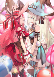  2girls absurdres baobhan_sith_(fate) baobhan_sith_(valentine_witches)_(fate) black_bow blue_eyes blush bow braid breasts closed_eyes dress earrings fate/grand_order fate_(series) grey_hair hairbow half_up_braid hat highres jewelry large_breasts long_hair morgan_le_fay_(fate) morgan_le_fay_(valentine_witches)_(fate) multiple_girls no-kan open_mouth pink_hair pointy_ears ponytail sidelocks smile thighs tiara very_long_hair witch_hat 