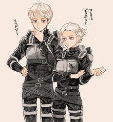  1boy annie_leonhart armin_arlert belt blonde_hair blue_eyes commentary_request emblem female hand_on_own_chin height_difference logo long_sleeves open_mouth paradis_military_uniform ponytail shingeki_no_kyojin short_hair strap stroking_own_chin survey_corps survey_corps_(emblem) talking thigh_strap thinking three-dimensional_maneuver_gear tied_hair tonshi uniform 