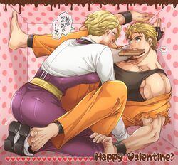  1boy ? ass barefoot black_tank_top blonde_hair blue_eyes blush dougi female gift happy_valentine highres king_(snk) large_pectorals miru_(mill_36) mouth_hold muscular muscular_male off_shoulder pectoral_cleavage pectorals ryou_sakazaki ryuuko_no_ken short_hair sidepec spoken_question_mark straight tank_top the_king_of_fighters translated twitter_username 