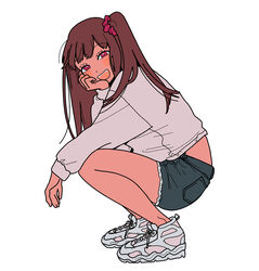  :d blue_shorts brown_hair cutoffs fangs female from_side full_body hair_ornament hair_scrunchie hand_up long_hair long_sleeves looking_at_viewer looking_to_the_side midriff nire_hikari one_side_up open_mouth outstretched_arm red_eyes scrunchie shirt shoes shorts simple_background smile sneakers solo squatting white_background white_shirt world_trigger yk_no_yd 