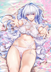  absurdres ahoge bikini breasts cameltoe carry_me cleavage commentary_request fate/grand_order fate_(series) female frilled_bikini frills garter_straps heart heart-shaped_pupils highres hinasaki_you lady_avalon_(fate) lady_avalon_(second_ascension)_(fate) long_hair looking_at_viewer lying merlin_(fate/prototype) navel on_back outstretched_arms petals purple_eyes red_eyes see-through shore smile solo swimsuit symbol-shaped_pupils wet wet_clothes wet_swimsuit white_bikini white_hair 