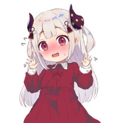  aged_down arms_up blunt_bangs blush dress female hair_ornament hitachi_sou horns lolicon long_hair long_sleeves looking_at_viewer naraka_(nijisanji) nijisanji nose_blush open_mouth pointy_ears red_dress red_eyes solo star_(symbol) star_print tassel tassel_hair_ornament virtual_youtuber wavy_mouth white_background white_hair 