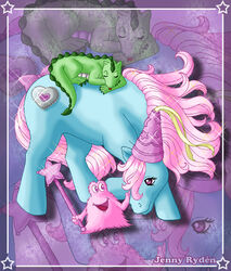  ambiguous_gender blue_body blue_fur bushwoolies cutie_mark dragon earth_pony equid equine feral fur green_body green_scales group hair hasbro heart heart_(marking) hennin horse lazyjenny lying_on_another mammal mane mlp_g1 my_little_pony pink_body pink_fur pink_hair pony pre-g4 princess_serena_(mlp) scales sleeping smile spikes spikes_(anatomy) trio watermark 