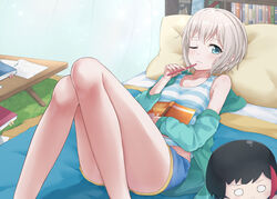  :&lt; ;| aoba_moca bang_dream! bare_shoulders barefoot bed bedroom black_hair blue_eyes blue_shorts blue_tank_top blush blush_stickers bob_cut book bookshelf breasts carpet character_doll closed_mouth coldcat. collarbone commentary_request curtains female green_jacket grey_hair hair_between_eyes highres holding holding_book holding_pen hood hood_down hooded_jacket hugging_book hugging_object indoors jacket knees_up looking_at_viewer lying midriff_peek mitake_ran mixed-language_commentary multicolored_hair nesoberi o_o off_shoulder on_back on_bed one_eye_closed paper pen pen_to_chin pillow red_hair short_hair short_shorts shorts small_breasts solo streaked_hair striped_tank_top table tank_top typo white_tank_top wooden_floor 