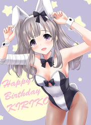  :d animal_ears arms_up bare_shoulders black_bow blush bow brown_pantyhose character_name collar collarbone commentary_request detached_collar fake_animal_ears female grey_hair hairband happy_birthday highres holding_ears idolmaster idolmaster_shiny_colors leaning_forward long_hair looking_at_viewer neko_danshaku open_mouth pantyhose playboy_bunny purple_background purple_eyes rabbit_ears rabbit_tail smile solo starry_background tail twintails white_collar white_hairband wing_collar wrist_cuffs yukoku_kiriko 