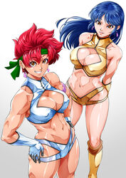  2girls abs arms_behind_back bandana blue_hair boots breasts covered_nipples crop_top dirty_pair earrings english_commentary fingerless_gloves from_above gloves green_bandana grin hands_on_own_hips highres ikumo_taisuke jewelry kei_(dirty_pair) legs long_hair looking_at_viewer midriff mixed-language_commentary multiple_girls navel orange_eyes red_hair short_hair simple_background single_glove smile teeth toned white_background yellow_footwear yuri_(dirty_pair) 