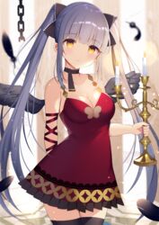  aozora_nan arm_ribbon bare_shoulders black_choker black_feathers black_thighhighs black_wings blurry blurry_background blush breasts broken broken_chain brown_eyes candle candlestand chains choker cleavage closed_mouth collarbone commentary_request depth_of_field dress feathered_wings feathers female fire frilled_dress frills grey_hair highres holding long_hair looking_at_viewer medium_breasts mini_wings moe2020 nail_polish original purple_nails red_dress red_ribbon ribbon sidelocks sleeveless sleeveless_dress smile solo thighhighs twintails very_long_hair wings 