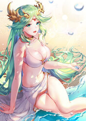  beach bikini breasts circlet cleavage collarbone day feet_out_of_frame female from_above green_eyes green_hair hair_spread_out highres holding_water jewelry kid_icarus kid_icarus_uprising large_breasts lens_flare long_hair looking_back navel neck_ring o-ring o-ring_bikini open_mouth palutena sand sarong shadow sidelocks sitting smile soaking_feet solo sunlight super_smash_bros. swimsuit thigh_gap thighs tiara very_long_hair water water_drop white_bikini yokozuwari yuduki_(tt-yuduki) 