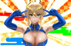  ahoge armpits artoria_pendragon_(fate) artoria_pendragon_(lancer)_(fate) bare_shoulders blonde_hair blue_gloves blue_leotard blush braid breasts checkered_background cleavage cleavage_cutout closed_mouth clothing_cutout crown double_v egasumi emotional_engine_-_full_drive fate/grand_order fate_(series) female french_braid gloves green_eyes hair_between_eyes hands_up highleg highleg_leotard large_breasts leotard light_rays long_hair looking_at_viewer orange_background sidelocks sleeveless sleeveless_turtleneck sleeveless_turtleneck_leotard smile solo sparkle turtleneck turtleneck_leotard v yamaneko_(tkdrumsco) 