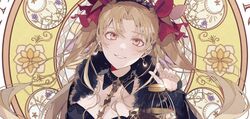  bad_id bad_twitter_id blonde_hair bow breasts crown earrings ereshkigal_(fate) fate/grand_order fate_(series) female fingernails glint hairbow hand_up head_tilt highres holding jewelry long_hair looking_at_viewer medium_breasts orange_eyes parted_lips red_bow satsuki_(miicat) smile solo spine two_side_up upper_body 