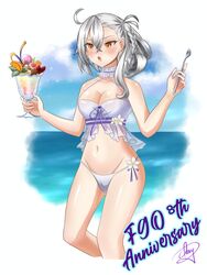  ahoge albino angie03 beach blush braid fate/grand_order fate_(series) food fruit glass highres holding holding_food ice_cream looking_at_object ocean olga_marie_animusphere open_mouth orange_eyes parfait spoon summer surprised swimsuit u-olga_marie white_hair 