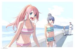  2boys 2girls :d alternate_hairstyle bag bikini blue_bikini blue_eyes blue_hair blue_sailor_collar blue_sky border cloud commentary_request dated day frilled_bikini frills grocery_bag hat holding horikou horizon kagamihara_nadeshiko looking_at_viewer military military_uniform multiple_boys multiple_girls navel ocean open_mouth outdoors pink_bikini pink_hair ponytail purple_eyes real_life sailor sailor_collar sailor_hat shima_rin shopping_bag signature sky smile soldier soviet soviet_navy standing striped_bikini striped_clothes swimsuit uniform white_border yurucamp 