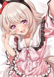  absurdres animal_ears blush breasts cleavage collarbone commentary_request curren_chan_(umamusume) female grey_hair hachiroku_(hatirokusann86) hair_between_eyes hair_ornament headband highres horse_ears horse_girl horse_tail looking_at_viewer medium_breasts official_alternate_costume open_mouth pajamas purple_eyes ribbon selfie simple_background solo tail umamusume umamusume:_road_to_the_top v white_background 