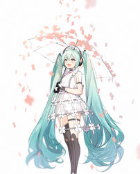  alternate_costume aqua_eyes aqua_hair armpit_cutout asymmetrical_legwear bizarre_rain black_legwear blurry blurry_foreground butterfly_ornament clothing_cutout commentary crinoline dated depth_of_field english_commentary falling_petals feet_out_of_frame female floral_print flower_skirt gloves hair_ornament hatsune_miku headphones highres hokuotzu holding holding_umbrella long_hair mismatched_legwear murozaki_melody_(project_sekai) open_mouth petals project_sekai shirt short_sleeves shorts skirt smile solo standing suspender_skirt suspenders thigh_strap thighhighs transparent transparent_umbrella twintails umbrella very_long_hair vocaloid white_shirt white_shorts 