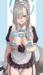  animal_ears apron arm_at_side asuna_(blue_archive) bad_id bad_twitter_id bikini black_gloves black_skirt blue_archive blue_bikini blue_bow blue_bowtie blue_eyes blush bow bowtie breasts collar cowboy_shot female fox_ears fox_tail frilled_apron frilled_hairband frilled_skirt frills gaitoou garter_straps gloves hair_over_one_eye hairband half_gloves halo highres kemonomimi_mode large_breasts licking_lips light_brown_hair long_hair maid maid_apron maid_headdress micro_bikini mole mole_on_breast open_mouth puffy_short_sleeves puffy_sleeves short_sleeves shrug_(clothing) skirt solo straight_hair strap_pull string_bikini swimsuit tail teeth tongue tongue_out two-tone_background very_long_hair waist_apron white_collar white_hairband white_wrist_cuffs wrist_cuffs 