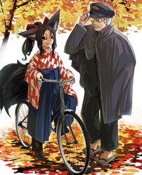  1boy animal_ears autumn_leaves bicycle black_eyes black_hair black_sclera blue_hakama bow colored_sclera doitsuken female fox_ears fox_tail geta glasses grey_hair hairbow hakama hakama_skirt hat highres jacket japanese_clothes kitsune kitsune_spirit_(doitsuken) long_sleeves multiple_tails original police police_uniform ponytail red_bow riding riding_bicycle sharp_teeth skirt smile tail taishou teeth tree uniform wide_sleeves yellow_eyes 