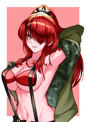  absurdres arm_up armpits bare_shoulders black_hair breasts commentary_request female green_jacket grey_eyes grin hair_over_one_eye highres jacket kurosaki_saya lain_paterson lain_paterson_(1st_costume) large_breasts long_hair looking_at_viewer multicolored_hair navel nijisanji off_shoulder open_clothes open_jacket pasties red_hair smile solo stomach streaked_hair suspenders upper_body virtual_youtuber 