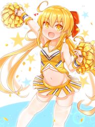  :d absurdres ahoge alternate_costume blonde_hair blush breasts cheerleader collarbone commentary_request feet_out_of_frame female groin hair_between_eyes heart highres kantai_collection long_hair low_twintails midriff miniskirt open_mouth pleated_skirt pom_pom_(cheerleading) satsuki_(kancolle) skirt small_breasts smile solo star_(symbol) suzushiro_(gripen39) twintails yellow_eyes 