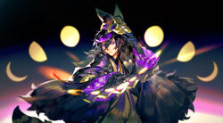  1boy arm_up black_gloves black_hair closed_mouth commentary_request crescent fox_mask full_moon gloves hand_fan hangleing holding holding_fan holding_mask japanese_clothes long_hair long_sleeves looking_at_viewer male_focus mask mask_on_head moon noh_mask onmyoji purple_eyes solo upper_body youko_(onmyoji) 