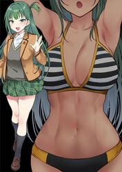  :d abs armpits arms_up bikini black_background black_bikini black_socks blazer blue_eyes blush breasts brown_footwear brown_jacket cleavage close-up collarbone collared_shirt dot_nose female green_hair green_skirt grey_sweater_vest hair_intakes hair_ornament hairclip hand_up highres idoly_pride jacket komiyama_ai large_breasts legs_together loafers long_hair looking_at_viewer miniskirt multicolored_hair multiple_views navel one_side_up open_clothes open_hand open_jacket open_mouth pink_hair pleated_skirt plum_(arch) school_uniform shirt shoes sidelocks simple_background skirt smile socks stomach straight_hair streaked_hair striped_bikini striped_clothes sweater_vest swimsuit teeth thighs toned two-tone_bikini upper_teeth_only v-neck white_bikini white_shirt 