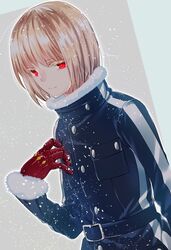  1boy akatsuki_blitzkampf blonde_hair coat commentary_request en-eins en-eins_kanzen_sekai fur_trim gloves ishitsuki_merokoa long_coat looking_at_viewer male_focus medium_hair red_eyes snow solo uniform winter_clothes winter_coat 