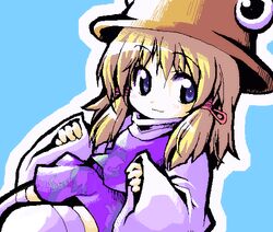  :3 alternate_eye_color animal_print blonde_hair blue_background blue_eyes brown_hat closed_mouth commentary dutch_angle female frog_print hands_up hat hatching_(texture) linear_hatching long_hair meta&#039;36 miniskirt moriya_suwako oekaki purple_skirt purple_vest simple_background skirt sleeves_past_wrists solo sweater thighhighs touhou vest white_sweater white_thighhighs wide_sleeves 