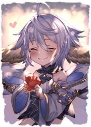  ahoge animal_ears ayacho bare_shoulders candy closed_eyes eating facing_viewer female flower-shaped_pupils food granblue_fantasy harvin heart highres holding holding_food short_hair smile solo symbol-shaped_pupils wamdus_(granblue_fantasy) white_hair 