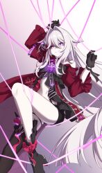  absurdres arm_up artist_logo artist_name asymmetrical_footwear black_bow black_gloves black_horns black_shoes black_shorts boots bow bright_pupils coat commentary female gloves gradient_background grey_hair hair_between_eyes hair_intakes hair_ribbon hand_up high_heel_boots high_heels highres honkai_(series) honkai_impact_3rd horns large_bow logo long_hair looking_at_viewer luyue navel parted_lips purple_eyes red_coat red_ribbon ribbon shoes short_shorts shorts side_horns single_bare_shoulder single_horn smile solo stomach thelema_nutriscu thigh_boots thighs uneven_footwear very_long_hair white_pupils 